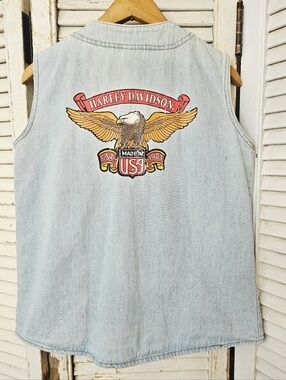 Vintage 90s Harley-Davidson Light Wash Denim Vest With Crest On Back S/M